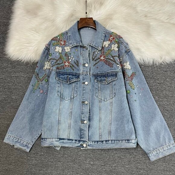 Jackets & Blazers - New Spring Heavy Diamond Beaded Loose Denim Jacket